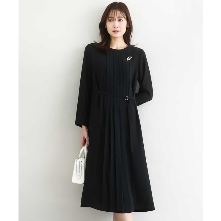 ブラック | サテンジョーゼット プリーツワンピース/洗える | MK MICHEL KLEIN