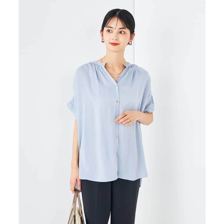 ライトブルー | 【接触冷感/UVカット/吸水速乾/イージーケア/洗える】サテンギャザーブラウス | a.v.v【WOMEN】