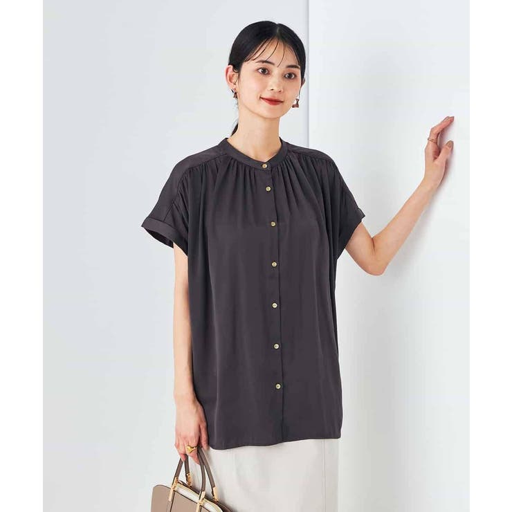 ダークグレー | 【接触冷感/UVカット/吸水速乾/イージーケア/洗える】サテンギャザーブラウス | a.v.v【WOMEN】