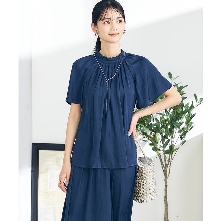 ネイビー | 【洗える/イージーケア】サテンフリルネックブラウス | a.v.v【WOMEN】