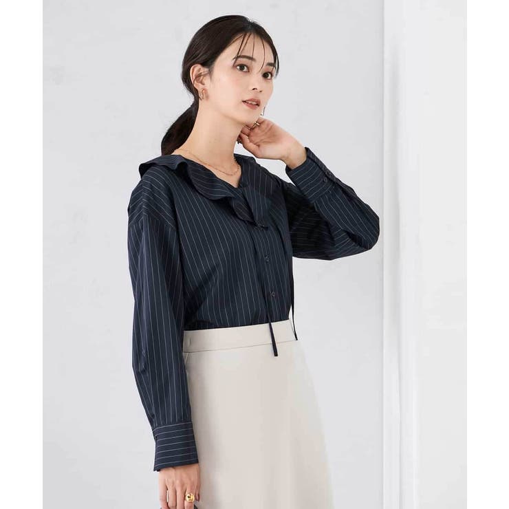 ネイビー | ラッフルフリルストライプブラウス | a.v.v【WOMEN】