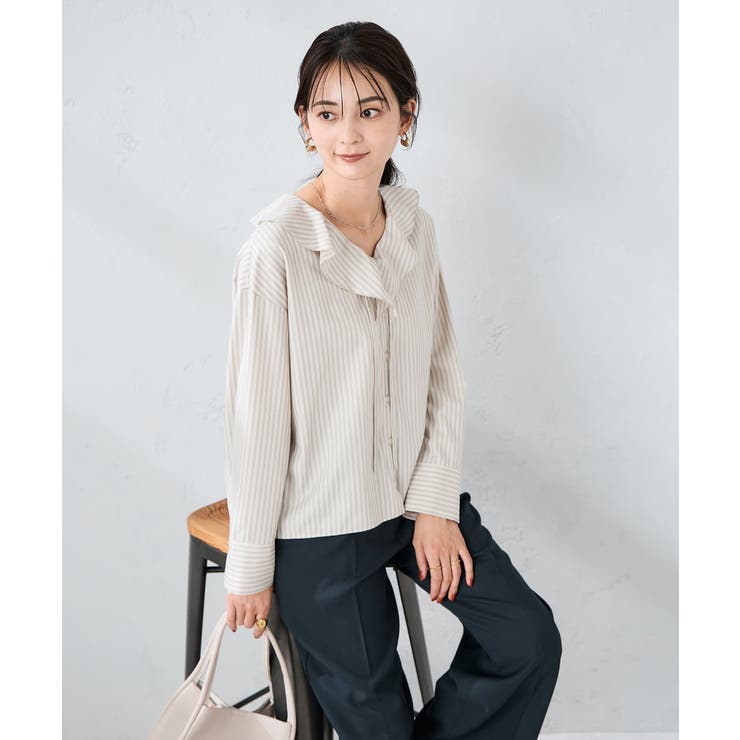 ベージュ | ラッフルフリルストライプブラウス | a.v.v【WOMEN】