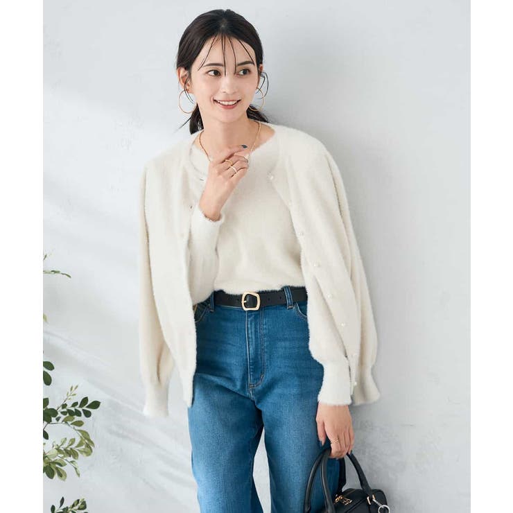 アイボリー | ヘアリーラメクルーネックカーディガン | a.v.v【WOMEN】