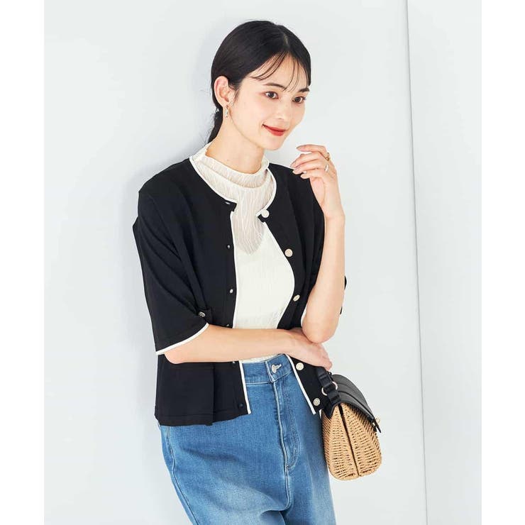 ブラック | 【UVカット/接触冷感】バイカラーハーフスリーブカーディガン | a.v.v【WOMEN】