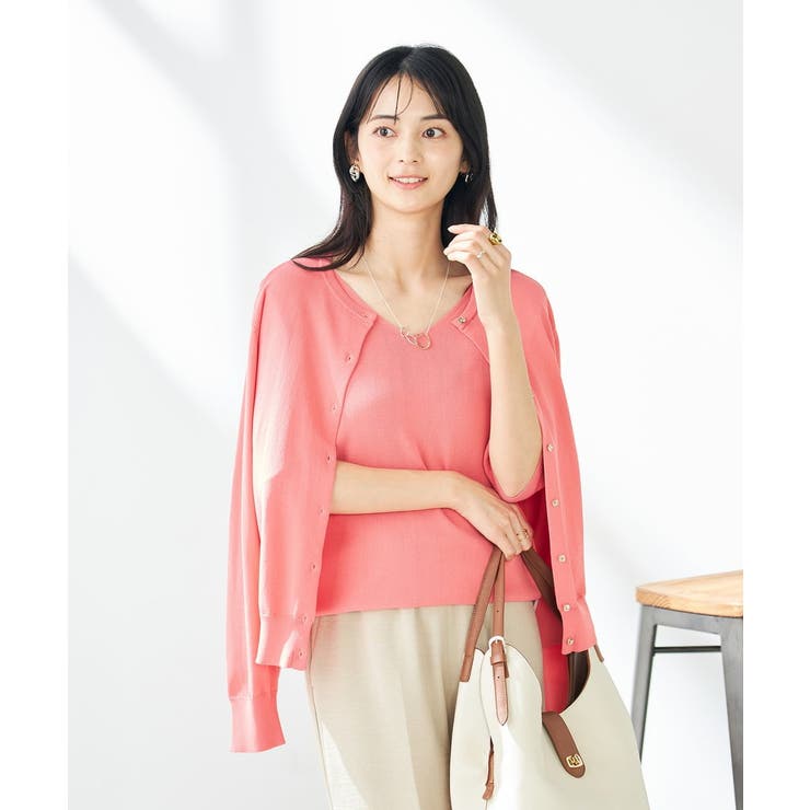ピンク | 【接触冷感/UVカット/洗える】クルーネック美ラクるサマーカーディガン | a.v.v【WOMEN】
