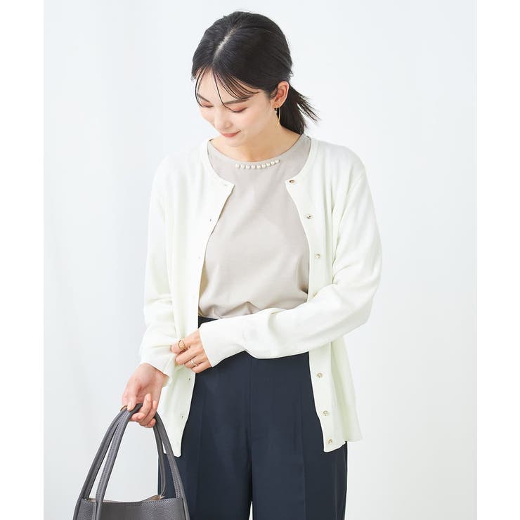 ホワイト | 【接触冷感/UVカット/洗える】クルーネック美ラクるサマーカーディガン | a.v.v【WOMEN】