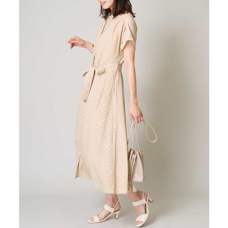 洗える】シフォンドットバンドカラーワンピース[品番