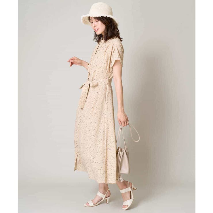 洗える】シフォンドットバンドカラーワンピース[品番