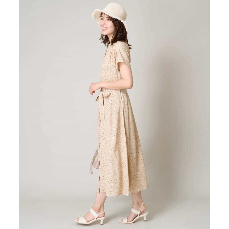 洗える】シフォンドットバンドカラーワンピース[品番