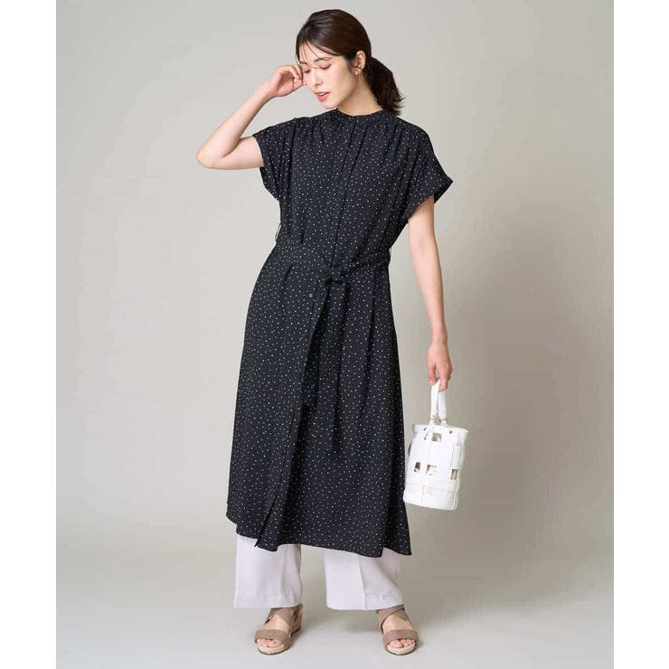 洗える】シフォンドットバンドカラーワンピース[品番