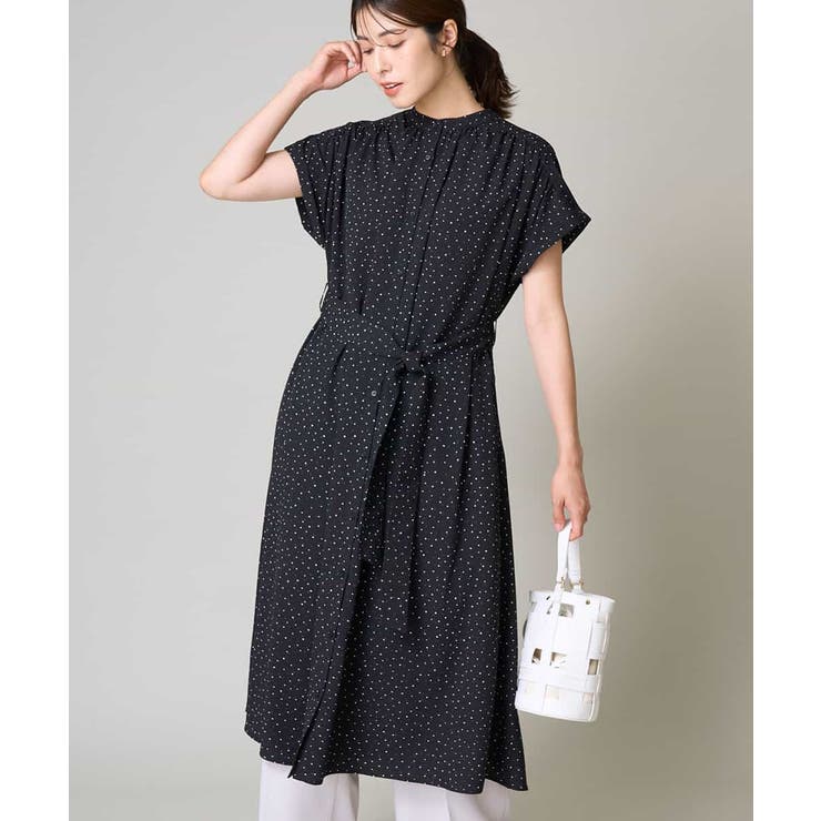 洗える】シフォンドットバンドカラーワンピース[品番
