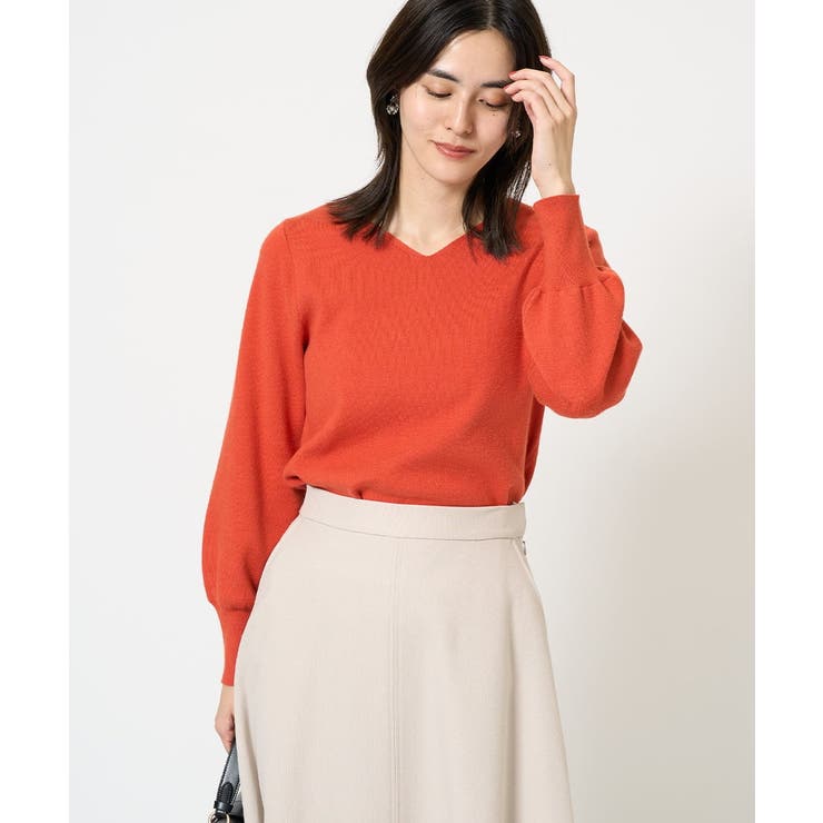オレンジ | 【洗える】Ｖネックパフスリーブニット/アンサンブル対応 | a.v.v【WOMEN】