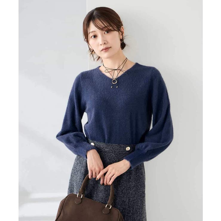 ネイビー | ヘアリーラメVネックニット | a.v.v【WOMEN】