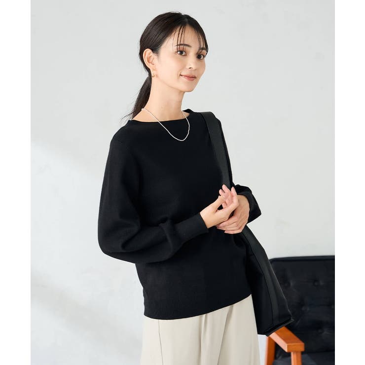 ブラック | 【洗える】ボートネック美ラクるパフスリーブニット | a.v.v【WOMEN】