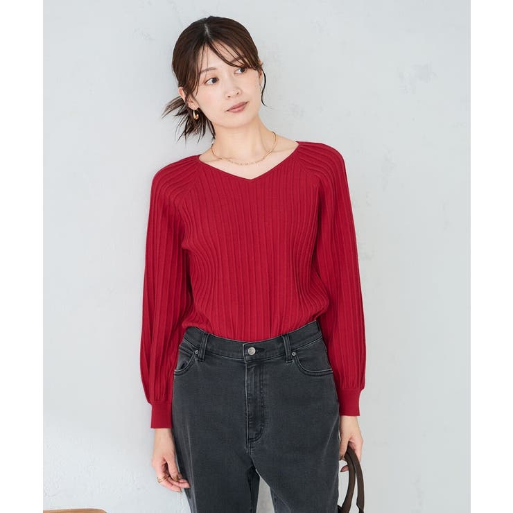 レッド | プリーツライクVネックニット | a.v.v【WOMEN】