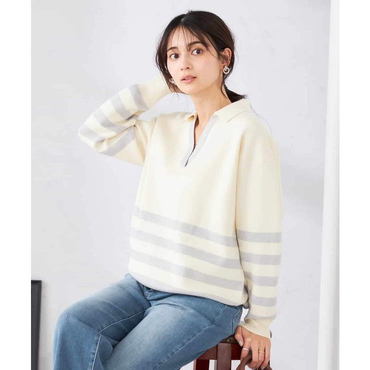 アイボリー×ライトブルー | ヘンリーネックボーダーニット | a.v.v【WOMEN】