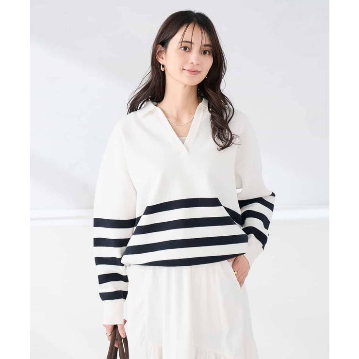 ホワイト×ブラック | ヘンリーネックボーダーニット | a.v.v【WOMEN】