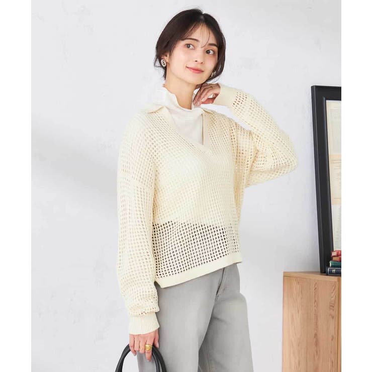 アイボリー | 襟付きメッシュニット | a.v.v【WOMEN】