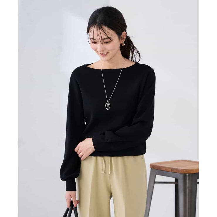 ブラック | 【WEB限定/洗える/UVカット】ボートネックパフスリーブニット | a.v.v【WOMEN】