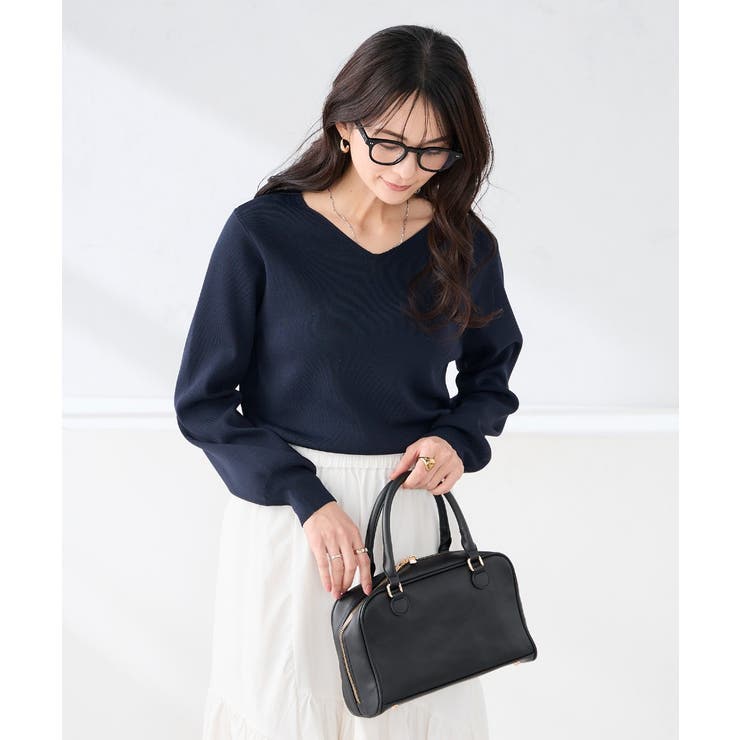 ネイビー | 【WEB限定/洗える/UVカット】Vネックパフスリーブニット | a.v.v【WOMEN】