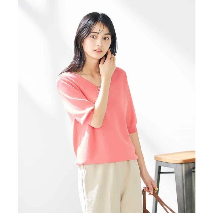ピンク | 【接触冷感/UVカット/洗える】Vネックハーフスリーブ美ラクるサマーニット | a.v.v【WOMEN】