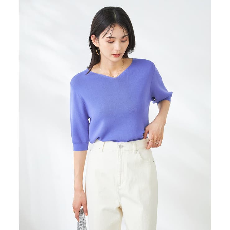 ブルー | 【接触冷感/UVカット/洗える】Vネックハーフスリーブ美ラクるサマーニット | a.v.v【WOMEN】