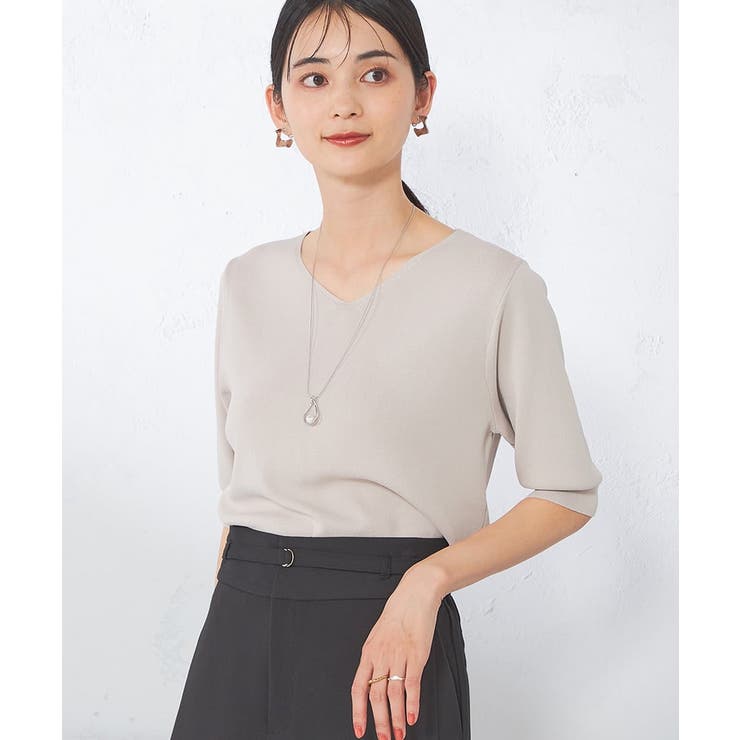グレージュ | 【接触冷感/UVカット/洗える】Vネックハーフスリーブ美ラクるサマーニット | a.v.v【WOMEN】