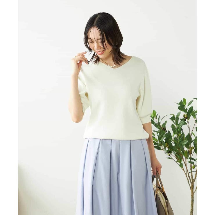 ホワイト | 【接触冷感/UVカット/洗える】Vネックハーフスリーブ美ラクるサマーニット | a.v.v【WOMEN】