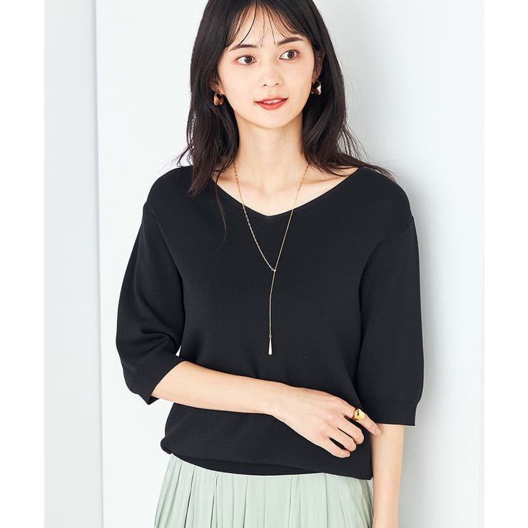 ブラック | 【接触冷感/UVカット/洗える】Vネックハーフスリーブ美ラクるサマーニット | a.v.v【WOMEN】