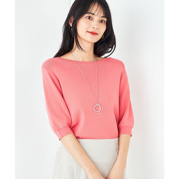 ピンク | 【接触冷感/UVカット/洗える】ボートネックハーフスリーブ美ラクるサマーニット | a.v.v【WOMEN】