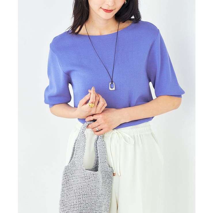 ブルー | 【接触冷感/UVカット/洗える】ボートネックハーフスリーブ美ラクるサマーニット | a.v.v【WOMEN】