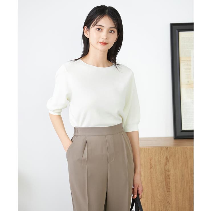 ホワイト | 【接触冷感/UVカット/洗える】ボートネックハーフスリーブ美ラクるサマーニット | a.v.v【WOMEN】