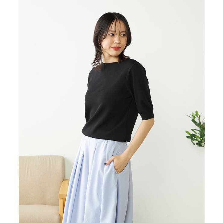 ブラック | 【接触冷感/UVカット/洗える】ボートネックハーフスリーブ美ラクるサマーニット | a.v.v【WOMEN】