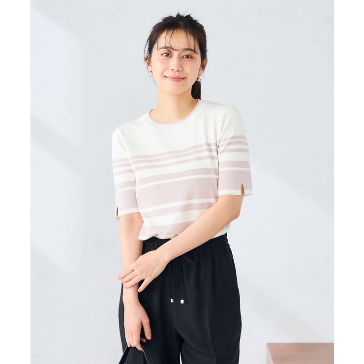 ベージュ | ハーフスリーブクルーネックサマーニット【洗える/接触冷感/UVカット】 | a.v.v【WOMEN】