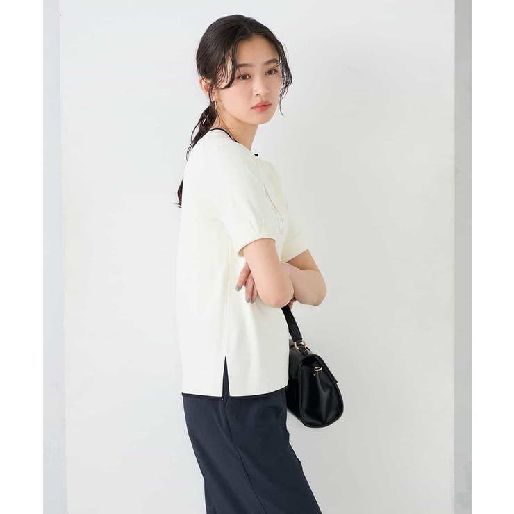 ホワイト | ハーフスリーブクルーネックサマーニット【洗える/接触冷感/UVカット】 | a.v.v【WOMEN】