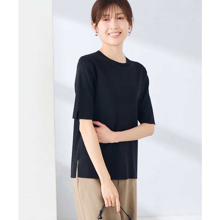 ブラック | ハーフスリーブクルーネックサマーニット【洗える/接触冷感/UVカット】 | a.v.v【WOMEN】