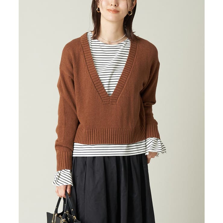 ベージュ | 深Vネックショート丈ニット | a.v.v【WOMEN】