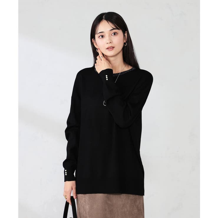 ブラック | 袖パール付きチュニックニット | a.v.v【WOMEN】
