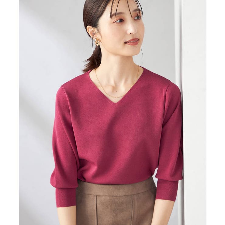 ピンク | 【UVカット/洗える】Vネック美ラクるパフスリーブニット | a.v.v【WOMEN】