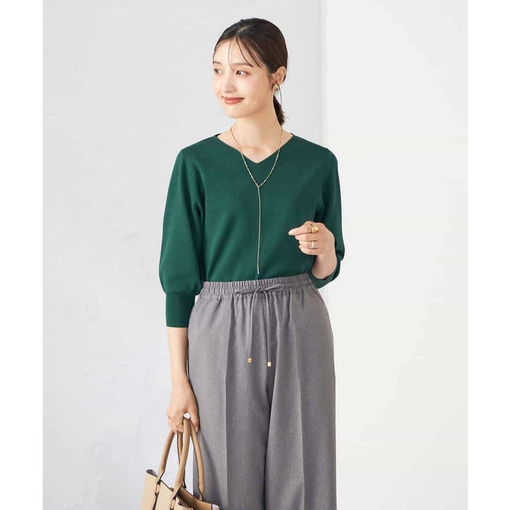 グリーン | 【UVカット/洗える】Vネック美ラクるパフスリーブニット | a.v.v【WOMEN】