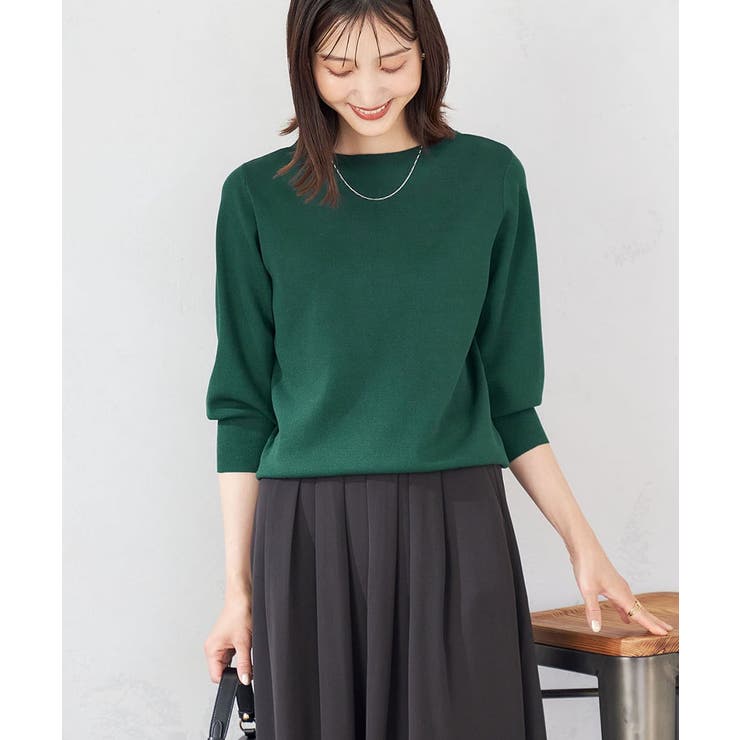 グリーン | 【UVカット/洗える】ボートネックパフスリーブ美ラクるニット | a.v.v【WOMEN】