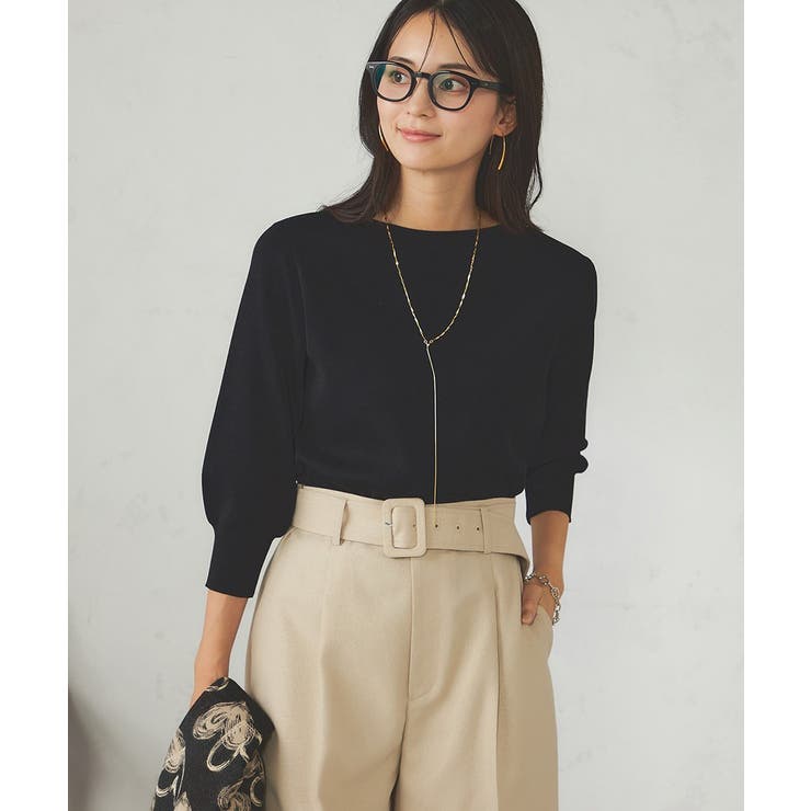 ブラック | 【UVカット/洗える】ボートネックパフスリーブ美ラクるニット | a.v.v【WOMEN】