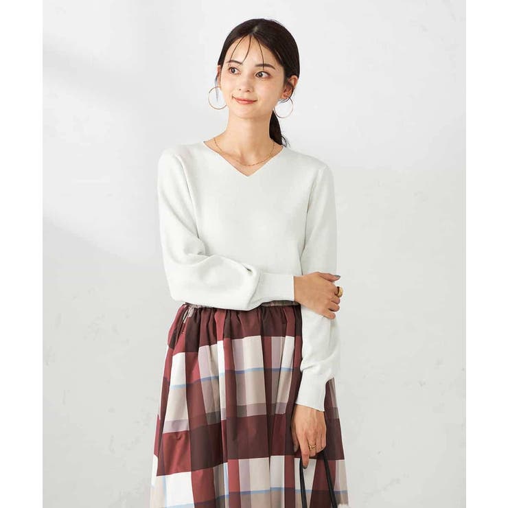 アイボリー | 【洗える】ラメVネック美ラクるパフスリーブニット | a.v.v【WOMEN】