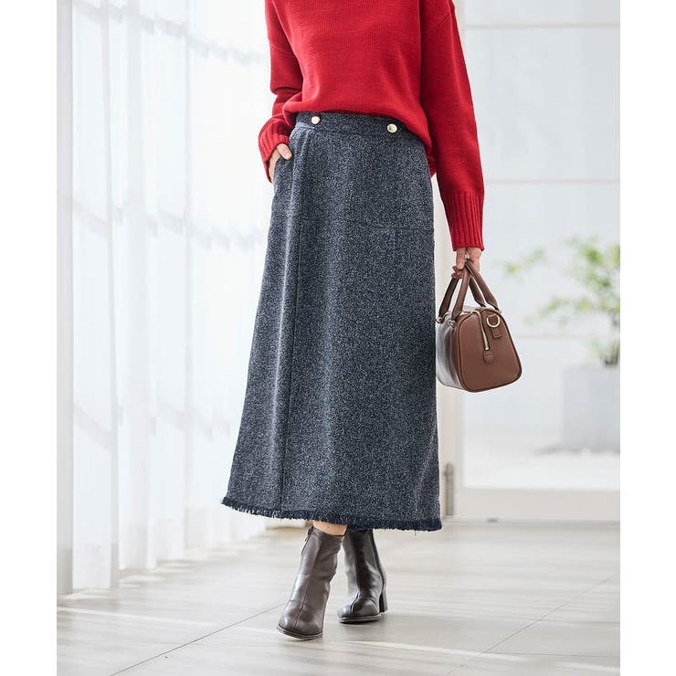 ネイビー | ツイード調裾フリンジAラインスカート | a.v.v【WOMEN】