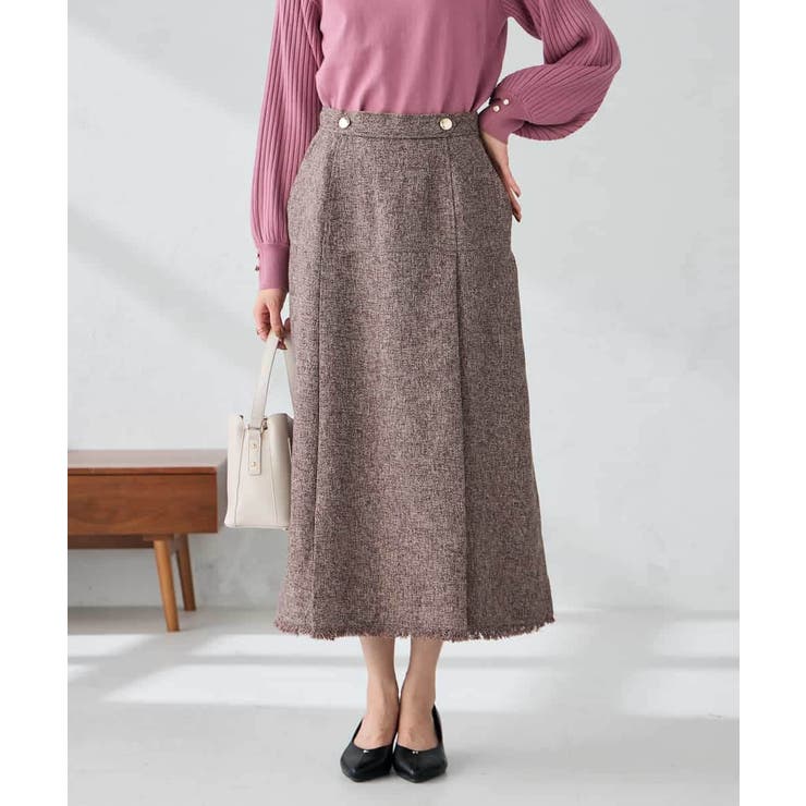 ボルドー | ツイード調裾フリンジAラインスカート | a.v.v【WOMEN】