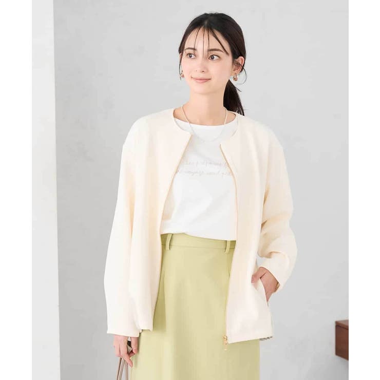 アイボリー | 異素材切り替えノーカラーブルゾン | a.v.v【WOMEN】