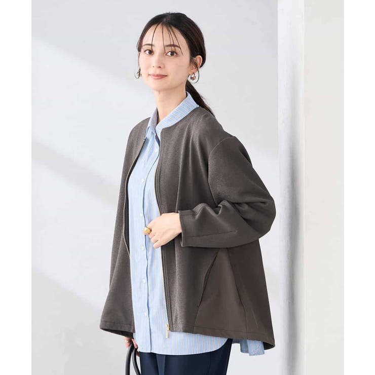 ダークグレー | 異素材切り替えノーカラーブルゾン | a.v.v【WOMEN】