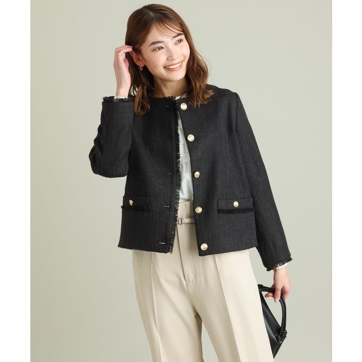 【新品未使用】定価¥41,910ノーカラー ツイードジャケット コート ブラック