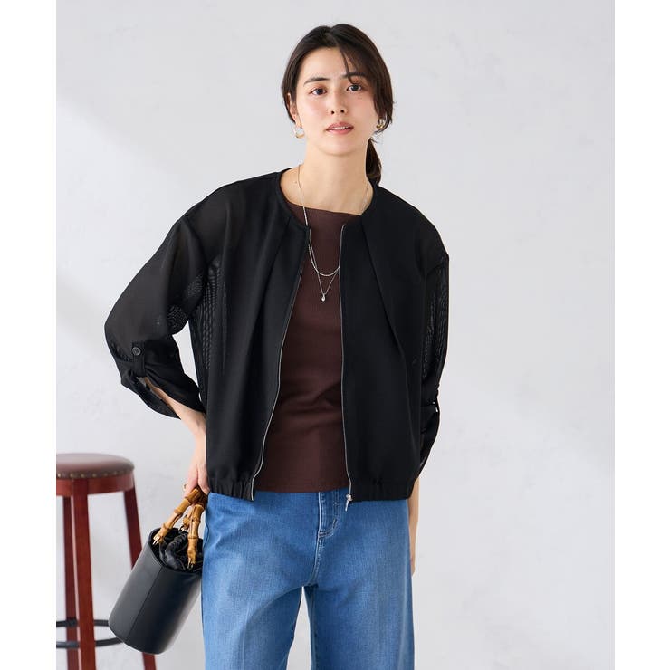 ブラック | ノーカラーメッシュブルゾン | a.v.v【WOMEN】