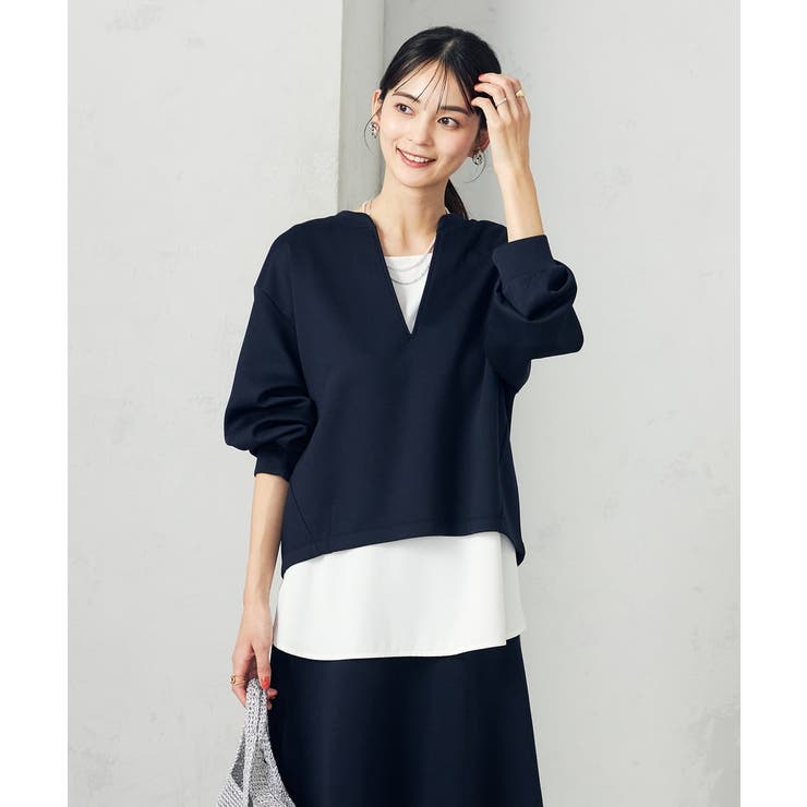ネイビー | 【セットアップ対応】スリットネックダンボールトップス | a.v.v【WOMEN】